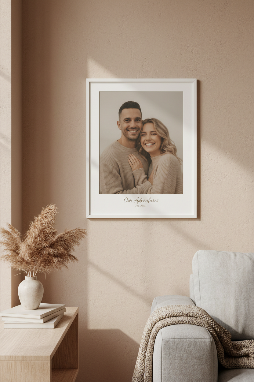 Personalisiertes Frameie Poster mit weißem Rahmen im Wohnzimmer