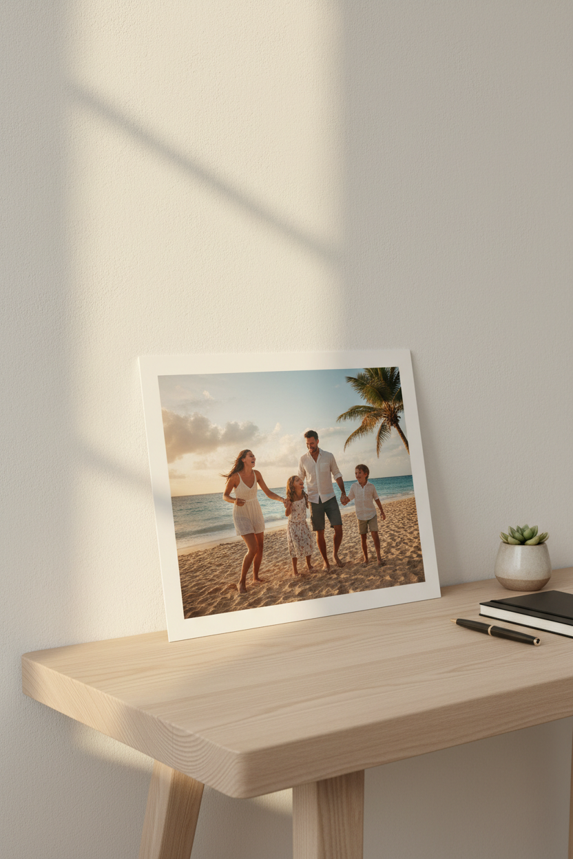 Personalisiertes Frameie Poster ohne Rahmen auf Holzschreibtisch